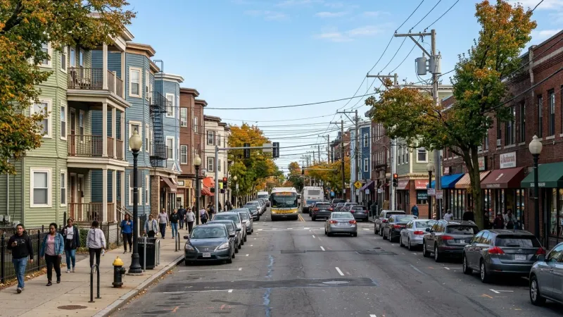 Street view of Dorchester Avenue in Dorchester, Massachusetts