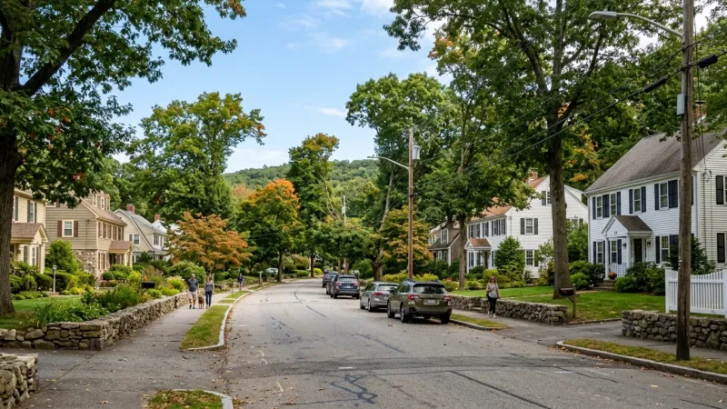 Tree-lined residential street in Milton, Massachusetts near the Blue Hills