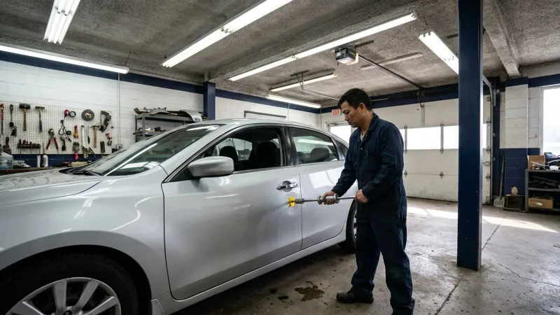 Technician using paintless dent repair tools on a car door panel at Quincy Auto Body