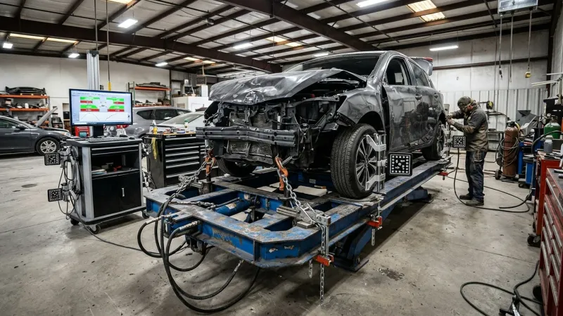 A damaged vehicle secured to a frame straightening rack with computerized measuring sensors at Quincy Auto Body